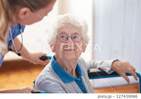 Disability, nursing and senior woman with a doctor for care, consultation and medical help at a hospital. Healthcare, communication and elderly patient in a wheelchair with a nurse in a home Disability, nursing and senior woman with a doctor for care, consultation and medical help at a hospital. Healthcare, communication and elderly patient in a wheelchair with a nurse in a home 127439066