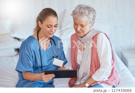 Doctor, tablet and elderly patient in checkup, consultation or visit at home for diagnosis or prescription. Healthcare nurse holding touchscreen showing consultation exam or insurance in elderly care 127439068