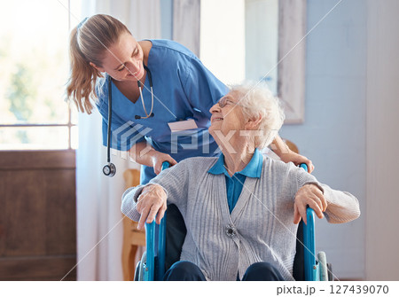 Nurse, home and elderly woman with a disability in a wheelchair in medical nursing facility. Happy, healthcare and doctor helping and talking to disabled senior lady in retirement house in Australia. 127439070
