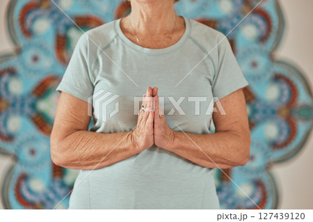 Yoga, meditation and praying senior hands or woman in creative zen studio for spiritual, wellness and healing zoom. Peace, calm and prayer hand sign person meditate for faith, care and soul healing Yoga, meditation and praying senior hands or woman in creative zen studio for spiritual, wellness and healing zoom. Peace, calm and prayer hand sign person meditate for faith, care and soul healing 127439120