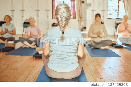 Yoga, personal trainer and senior women group for meditation, wellness and spiritual lifestyle with support, community and retirement. Fitness, pilates and cardio elderly people meditate with coach 127439268
