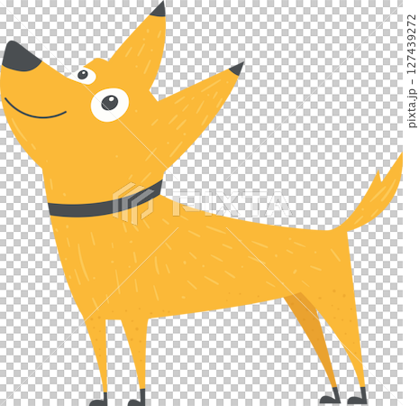 Happy yellow cartoon dog with big eyes and pointed ears wearing a collar. Happy yellow cartoon dog with big eyes and pointed ears wearing a collar. 127439272