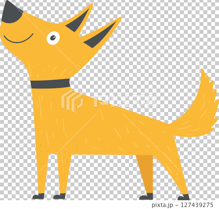 Cartoon dog with yellow fur, black collar, stands in a flat digital space. Cartoon dog with yellow fur, black collar, stands in a flat digital space. 127439275