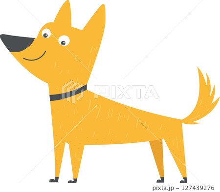 Stylized golden dog standing with a friendly expression against black background. 127439276