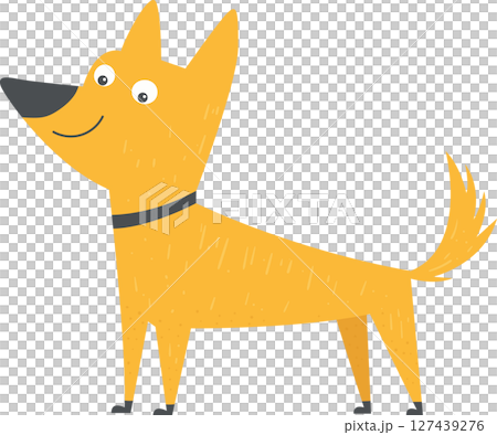 Stylized golden dog standing with a friendly expression against black background. 127439276