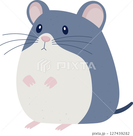 Cartoon drawing of a round mouse with grey fur and a cream colored belly. 127439282