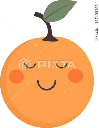 Cartoon-style orange fruit with a smiling face and a leaf on top. 127439300