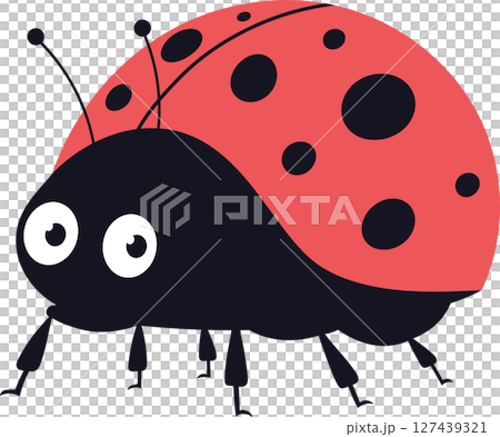 Cartoon ladybug with bright colors and big eyes on a dark background. 127439321