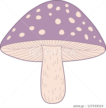 Whimsical mushroom with lavender cap and white spots on a black background 127439324