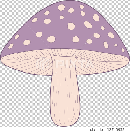 Whimsical mushroom with lavender cap and white spots on a black background 127439324