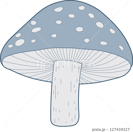 Cartoon Mushroom: Light blue mushroom with white spots on black background. 127439327