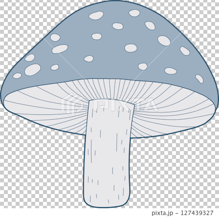 Cartoon Mushroom: Light blue mushroom with white spots on black background. 127439327