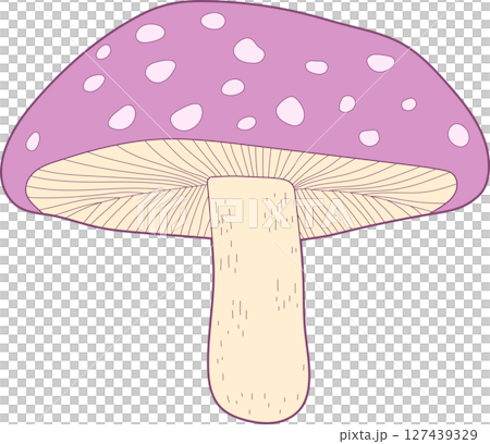 Illustration of an isolated purple mushroom with white spots and cream stem. 127439329