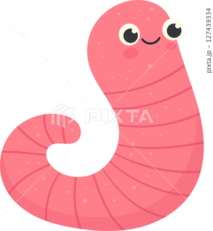 Cute, cartoon worm with a happy face and a pink body crawling along. 127439334
