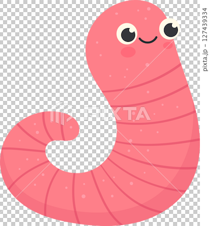 Cute, cartoon worm with a happy face and a pink body crawling along. 127439334