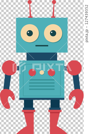 Cartoon illustration of a teal, square robot with red arms and antenna. Cartoon illustration of a teal, square robot with red arms and antenna. 127439352