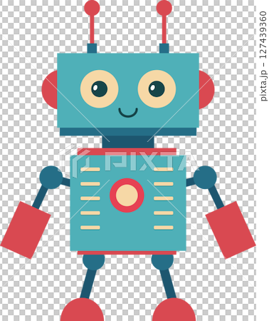 Retro Style Cute Robot with Square Head and Red Accents on a Black Backdrop Retro Style Cute Robot with Square Head and Red Accents on a Black Backdrop 127439360
