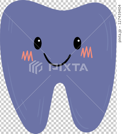 Cartoon tooth character with a happy expression and purple in color. Cartoon tooth character with a happy expression and purple in color. 127439404