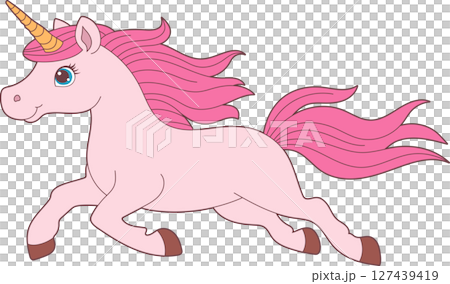 Animated pink unicorn with a flowing mane and a golden horn running fast 127439419