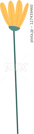 Stylized yellow flower with thin orange lines and long green stem on black Stylized yellow flower with thin orange lines and long green stem on black 127439460