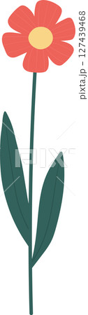 Illustration of a stylized red flower with yellow center and green leaves. 127439468