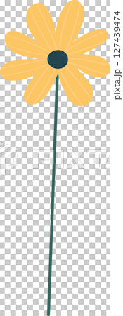 A cheerful yellow flower with a dark center and a single green stem stands tall. A cheerful yellow flower with a dark center and a single green stem stands tall. 127439474