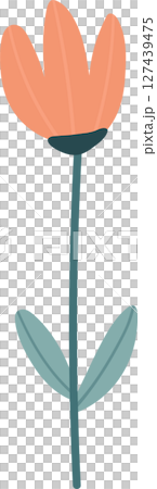 Stylized peach-colored flower with teal stem and leaves against a black backdrop. 127439475