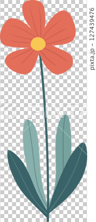 Stylized flower with orange petals, a yellow center, green stem and leaves. 127439476