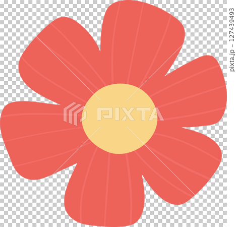 Graphic floral blossom with coral petals and a pale yellow center disk. Graphic floral blossom with coral petals and a pale yellow center disk. 127439493