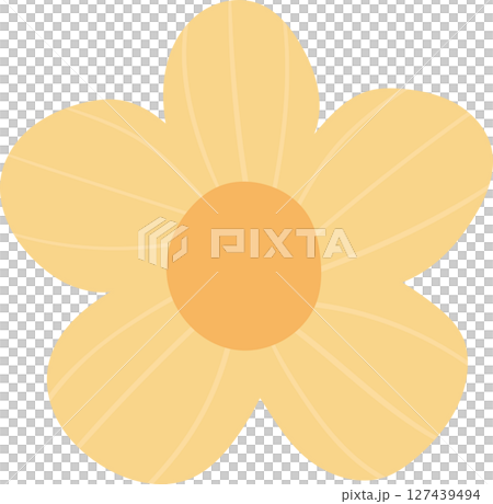 Simple stylized yellow flower with a round center on a black background. Simple stylized yellow flower with a round center on a black background. 127439494