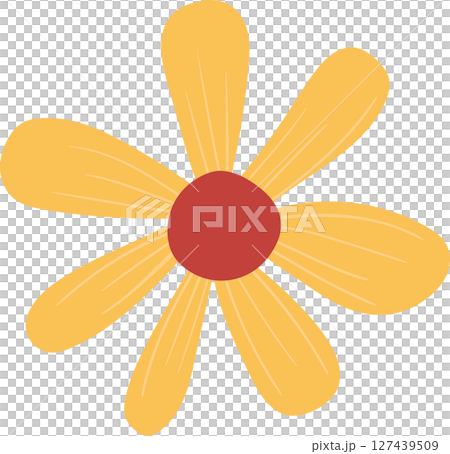 Bright yellow flower with a red center on a solid black background. 127439509