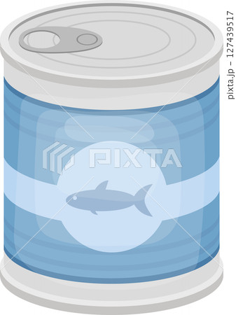 A closed metal can containing food with a fish symbol on a blue container. 127439517