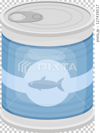 A closed metal can containing food with a fish symbol on a blue container. 127439517