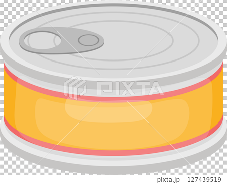 Isometric view of a closed silver and yellow tin can with a pull tab. Isometric view of a closed silver and yellow tin can with a pull tab. 127439519