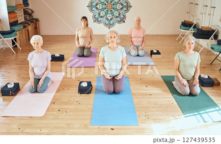 Yoga class, exercise and group together for meditation, wellness and health during a zen, chakra or spiritual workout. Old people at studio for peace, calm and balance or mindfulness in retirement 127439535