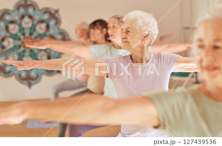 Yoga fitness, class and senior women training for elderly wellness, health and retirement self care in pilates studio. Healthcare, body workout and calm group of people exercise for healthy lifestyle Yoga fitness, class and senior women training for elderly wellness, health and retirement self care in pilates studio. Healthcare, body workout and calm group of people exercise for healthy lifestyle 127439536