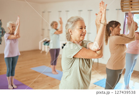 Pilates, wellness and group of senior women doing a mind, body and spiritual exercise in studio. Health, retirement and elderly friends doing yoga workout in zen class for peace, balance and fitness. Pilates, wellness and group of senior women doing a mind, body and spiritual exercise in studio. Health, retirement and elderly friends doing yoga workout in zen class for peace, balance and fitness. 127439538