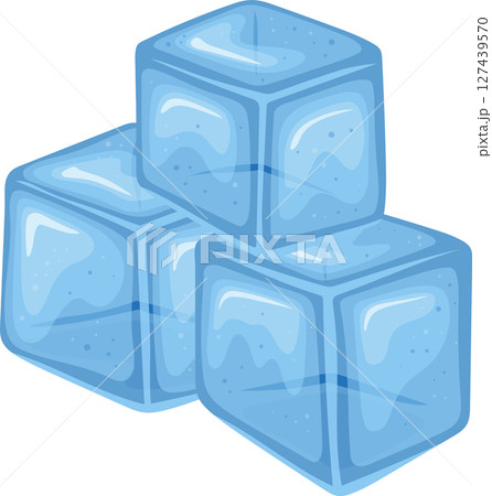Three clear blue ice cubes stacked together for cooling refreshment. 127439570