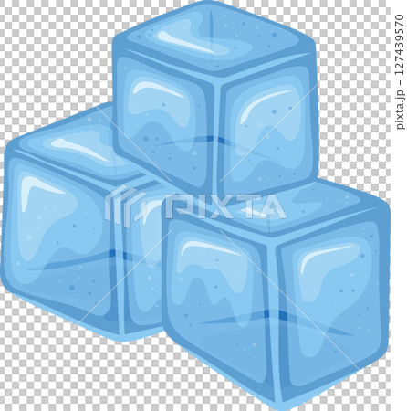Three clear blue ice cubes stacked together for cooling refreshment. 127439570