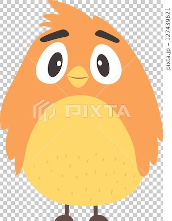 Cartoon bird with orange and yellow feathers looking forward with big eyes. 127439621