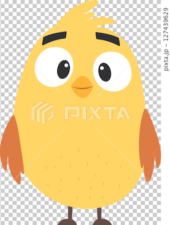 Cartoon bird, funny yellow character with large eyes and small orange wings 127439629