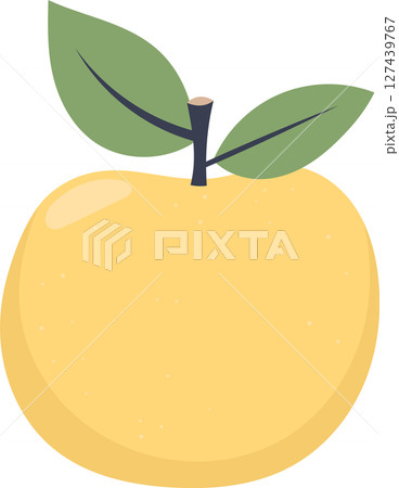 Illustration of a round, yellow fruit with two green leaves and dark stem. 127439767