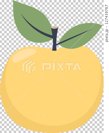 Illustration of a round, yellow fruit with two green leaves and dark stem. 127439767