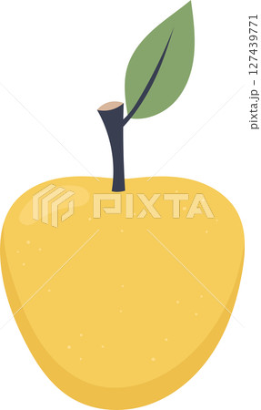 Illustration of a yellow pear with a stem and leaf on a black background. 127439771