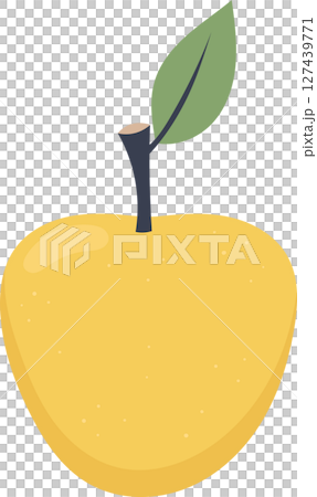 Illustration of a yellow pear with a stem and leaf on a black background. 127439771