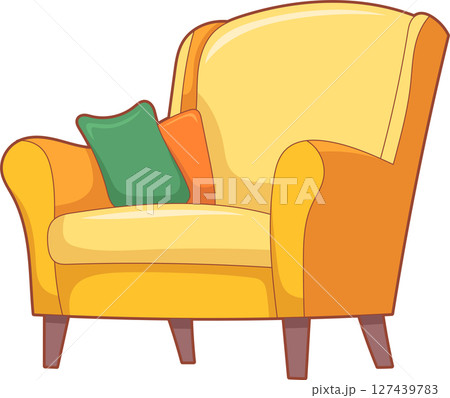 A cheerful yellow armchair with colorful pillows invites relaxation and comfort. 127439783