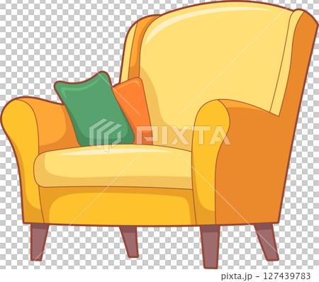 A cheerful yellow armchair with colorful pillows invites relaxation and comfort. 127439783