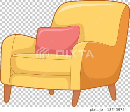 Comfortable armchair with yellow fabric and pink pillow, inviting relaxation. Comfortable armchair with yellow fabric and pink pillow, inviting relaxation. 127439784