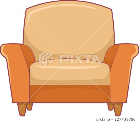 Comfortable armchair with beige cushions and orange armrests and base. 127439786