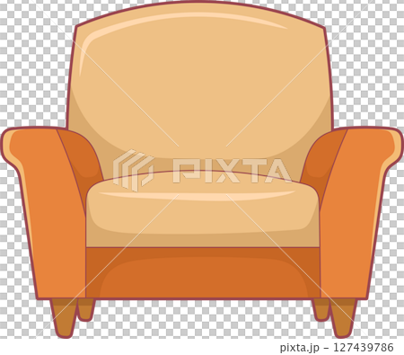Comfortable armchair with beige cushions and orange armrests and base. 127439786